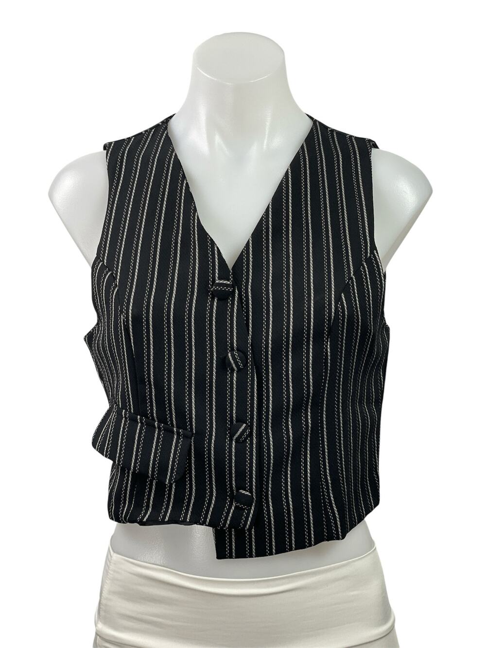 Reclaimer Vintage Womens Black Gray Sleeveless Pinstriped V-neck Crop Vest Top 6